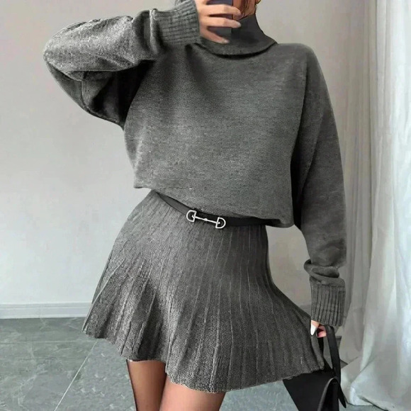 Grey Casual Women's Solid Color Loose Pleated Skirt And Turtleneck Sweater Suit - Picture 1 of 5